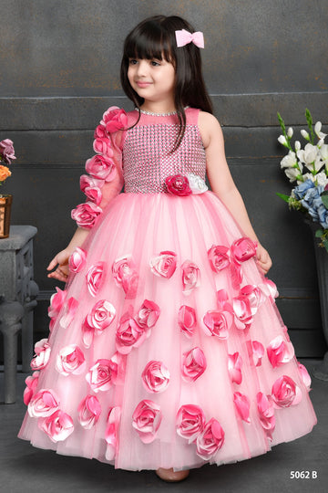 Blossom Bloom Pink Floral Gown – 3D Rose Appliqué Kids Party Dress