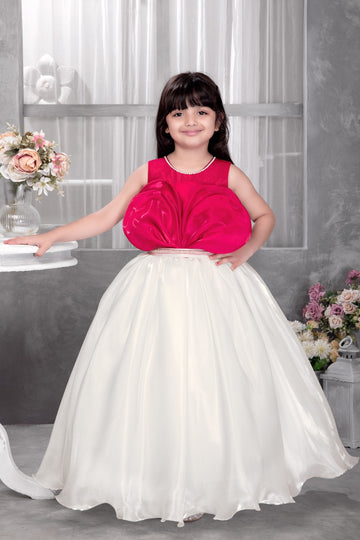 Magenta & White Full-Length Gown for Girls with Statement Bow Design – Elegant Sleeveless Party Dress