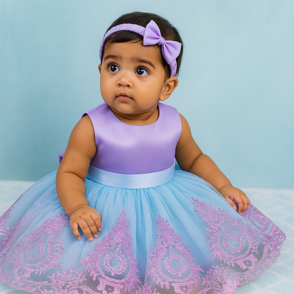 Royal Charm Tulle Party Dress – Purple & Blue Embroidered Gown with Headband - Inayah Fashion