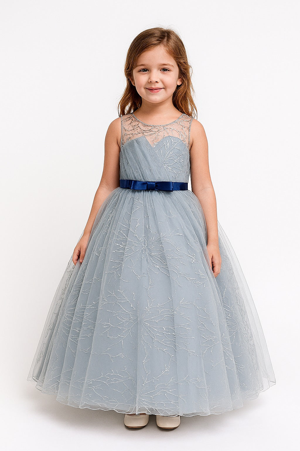 Elegant Grey Ball Gown for Girls – Sleeveless Net Party Frock with Blue Satin Bow Belt