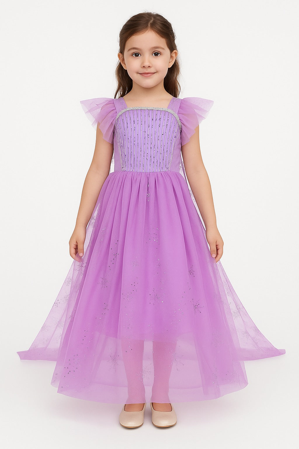Lavender Princess Elsa-Inspired Sparkle Gown with Snowflake Cape