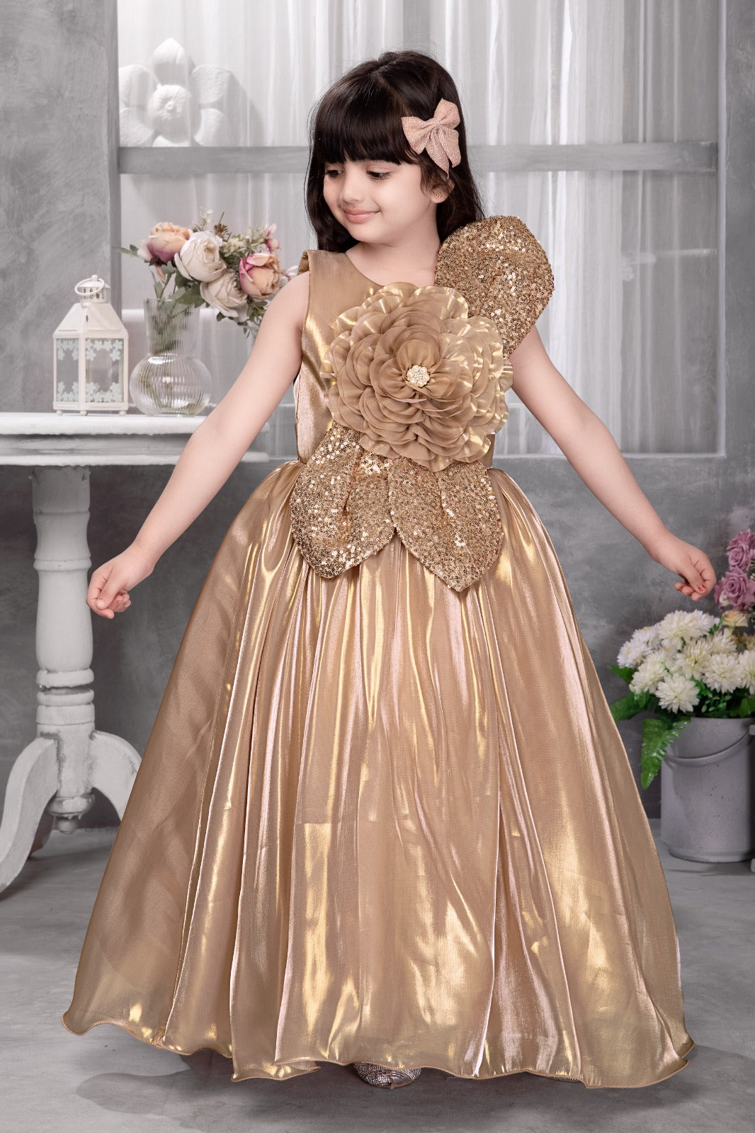 Golden Shine Flower Appliqué Ball Gown for Girls – Metallic Organza Party Dress with Sequin Petal and 3D Floral Accent