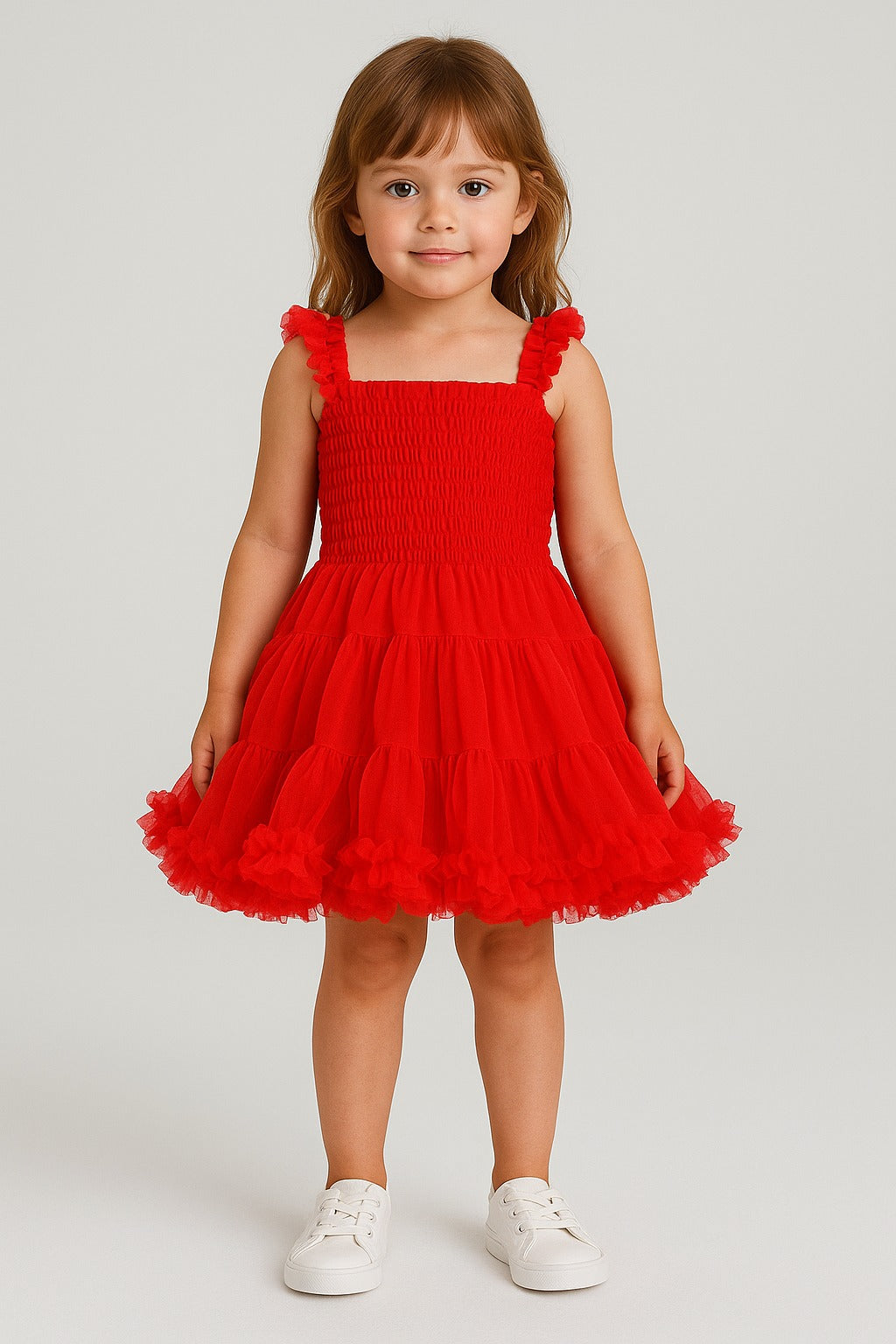 Bright Red Frill Net Party Dress for Baby Girls – Sleeveless & Stretchable