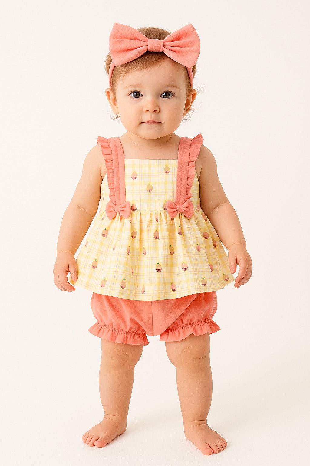 Peach & Yellow Checked Baby Girl Dress Set with Bloomers and Bow Headband - Inayah Fashion