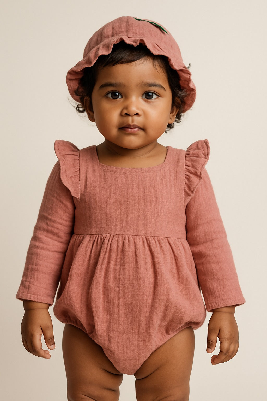 Barbie Pink Floral  Applique Full Sleev Lace Baba Suit With Cap