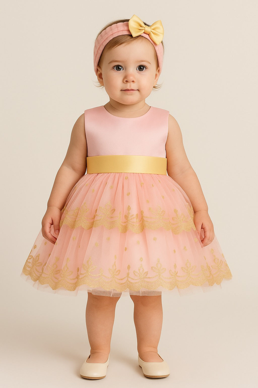 Peach & Gold Embroidered Baby Girl Frock with Matching Bow Headband - Inayah Fashion