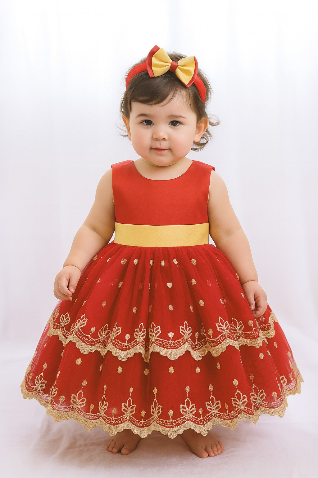 Red & Cream Baby Girl Party Frock with Headband – Elegant Embroidered Dress for Special Occasions - Inayah Fashion