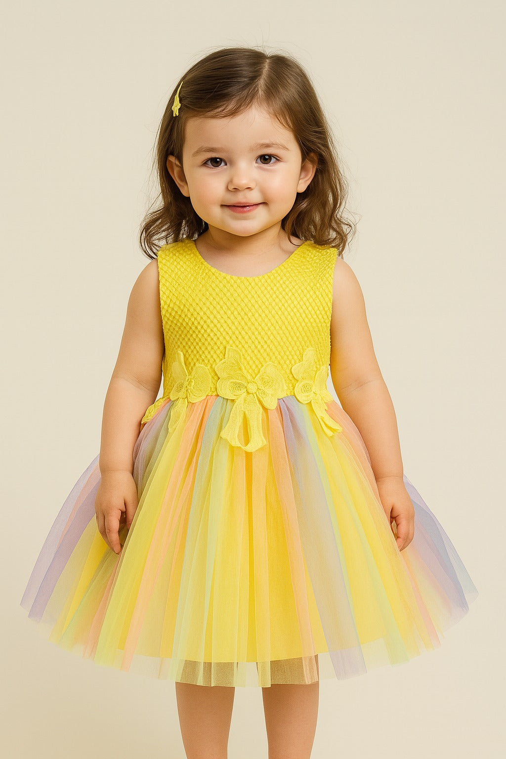 Yellow Net Bodice Party Frock for Baby Girls with 3D Floral Waist & Rainbow Tulle Skirt - Inayah Fashion