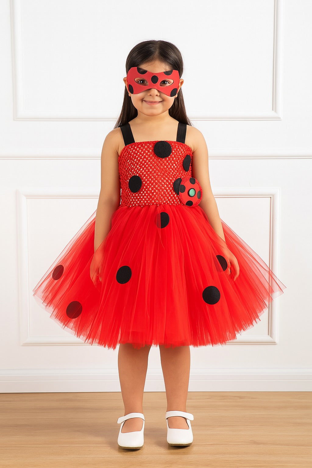 Red Ladybug Costume Party Dress for Girls with Polka Dot Tulle Skirt & Eye Mask - Inayah Fashion