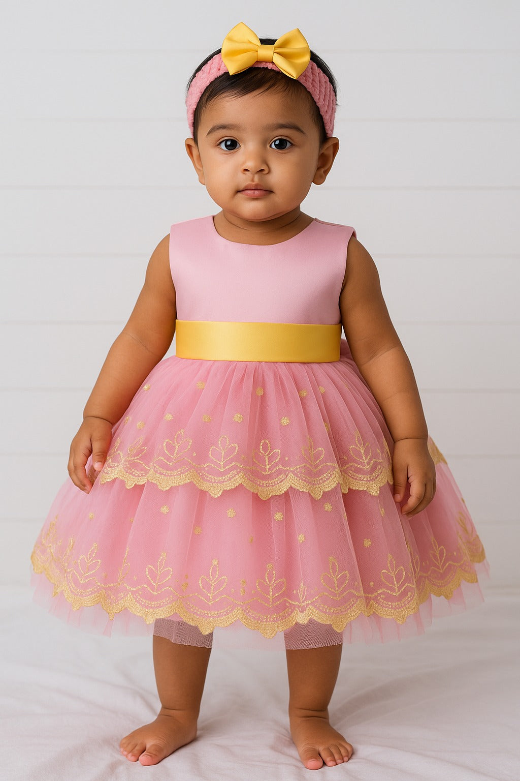 Pink & Yellow Embroidered Net Party Dress for Baby Girls with Matching Headband