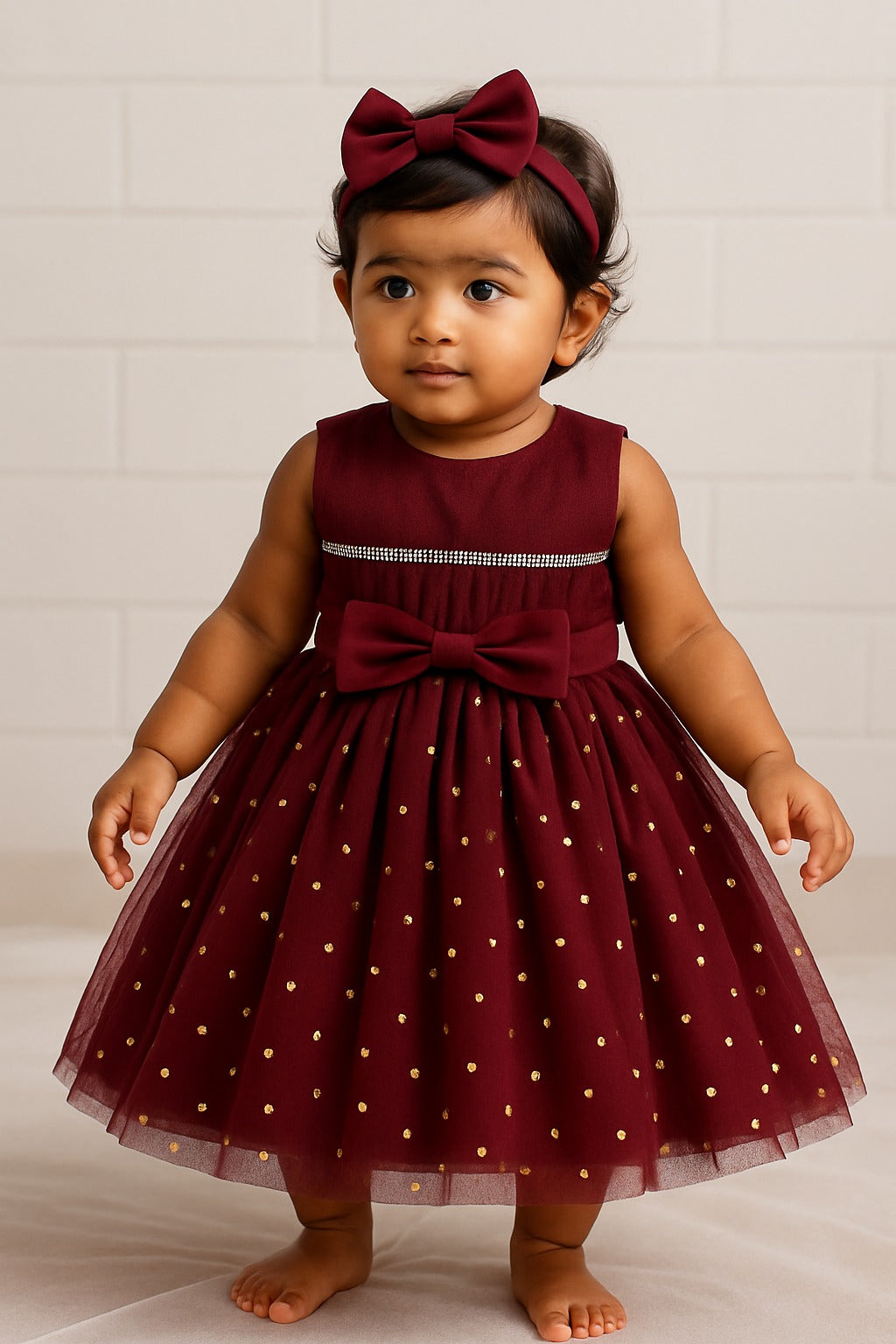 Maroon Baby Girl Party Wear Frock with Golden Heart Detailing - Inayah Fashion