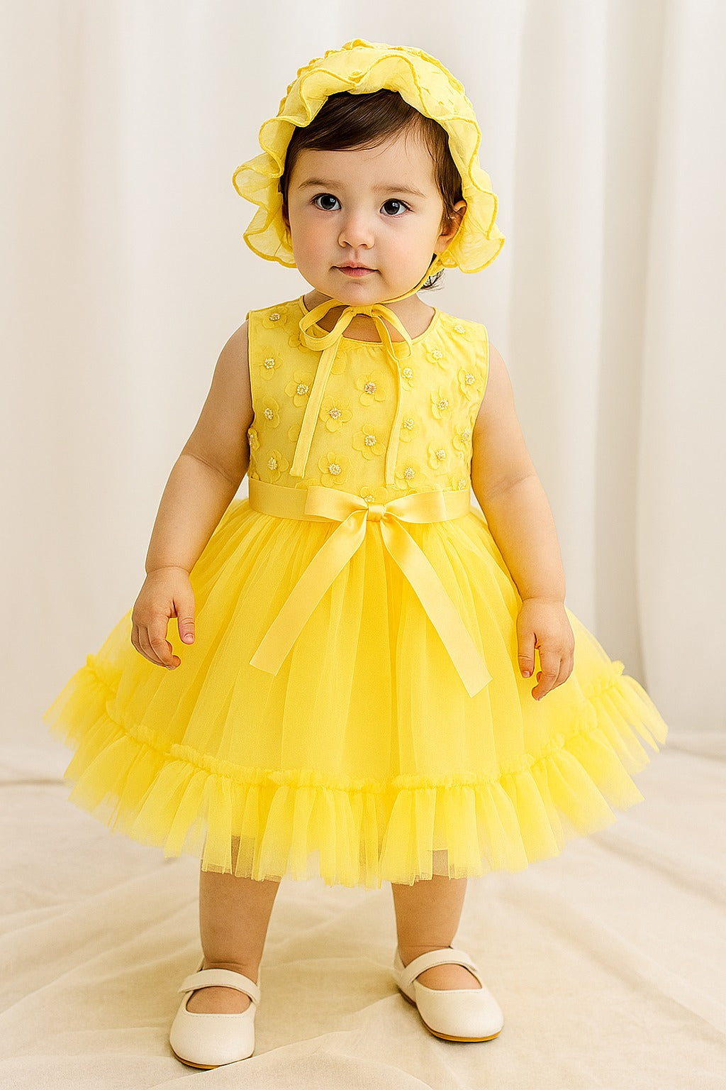 Sunshine Yellow Baby Frock with Floral Work & Bonnet - Inayah Fashion
