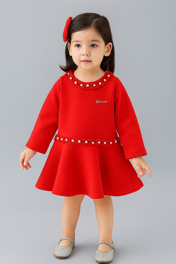 Girls’ Elegant Red Woolen Jacket | Ruffle Sleeves with Pearl Bow Accent