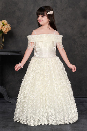 Ivory Off-Shoulder Party Gown with Beaded Fringe – Girls’ Designer Dress