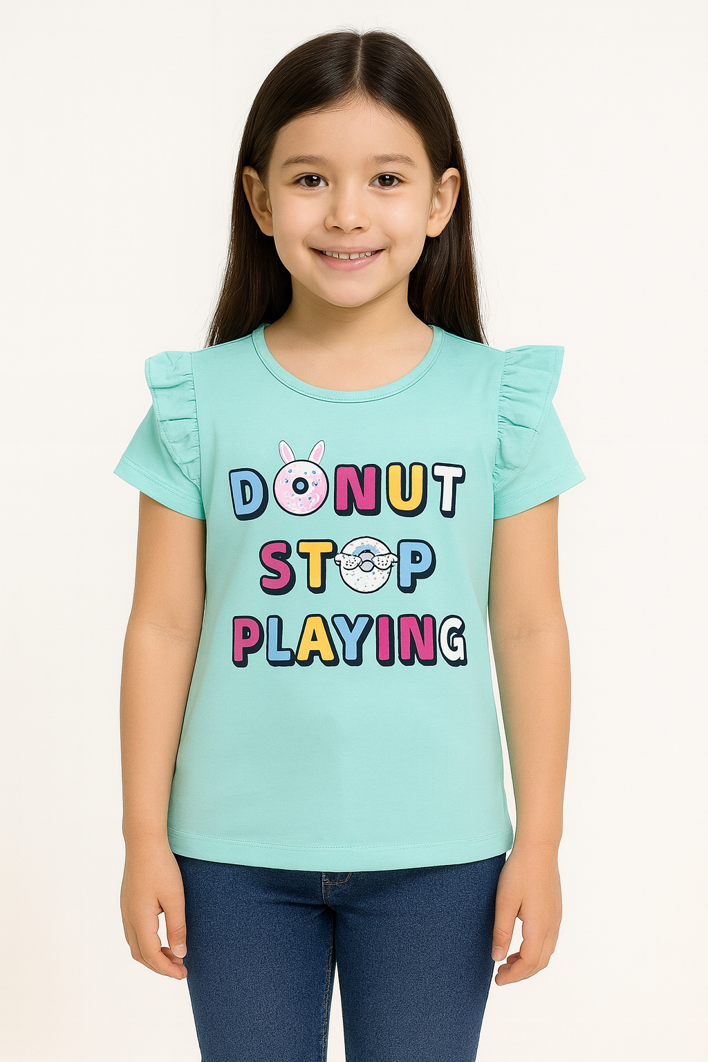 Donut Stop Playing Aqua Blue Ruffle Sleeve T-Shirt – Fun Graphic Tee for Girls