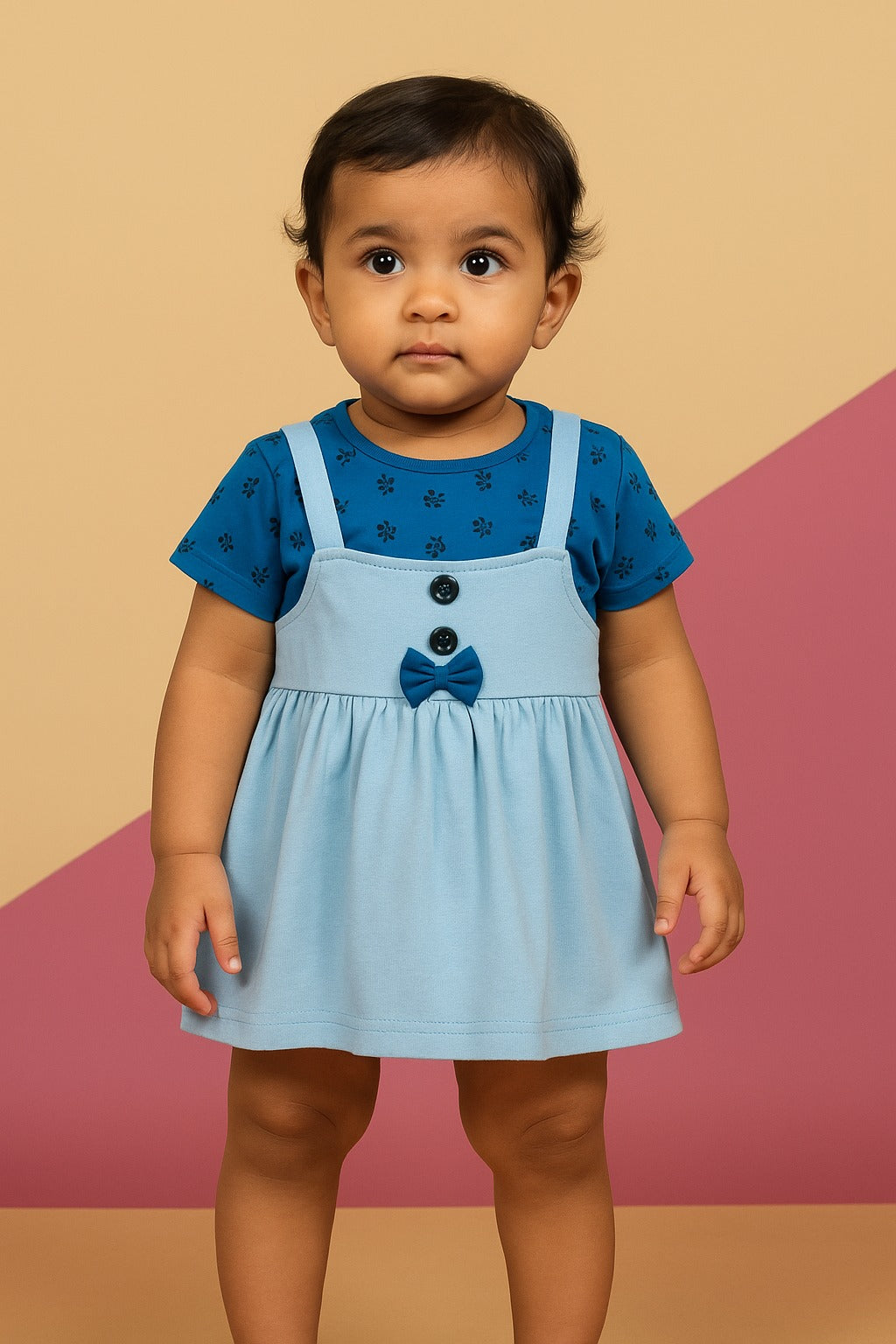 Button Bow Dungaree-Style Baby Girl Dress Set – Soft Cotton Combo Outfit