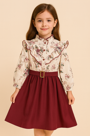Elegant Blossom Belted Dress with Floral Ruffle Top – Wine Red & Cream Combo
