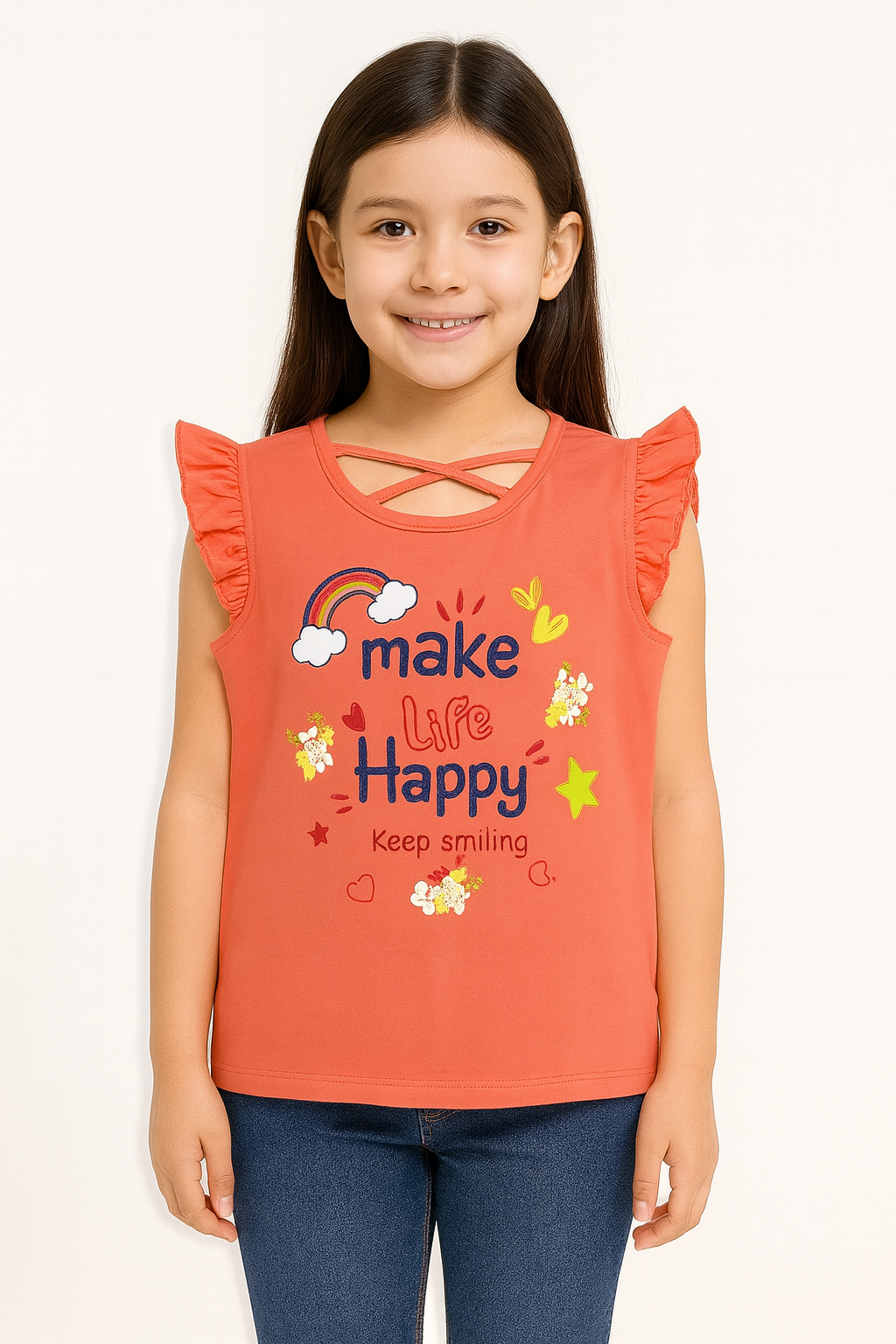 Make Life Happy Coral Pink Ruffle Sleeve Top – Cheerful Summer T-Shirt for Girls