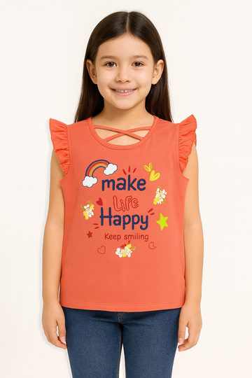 Make Life Happy Coral Pink Ruffle Sleeve Top – Cheerful Summer T-Shirt for Girls