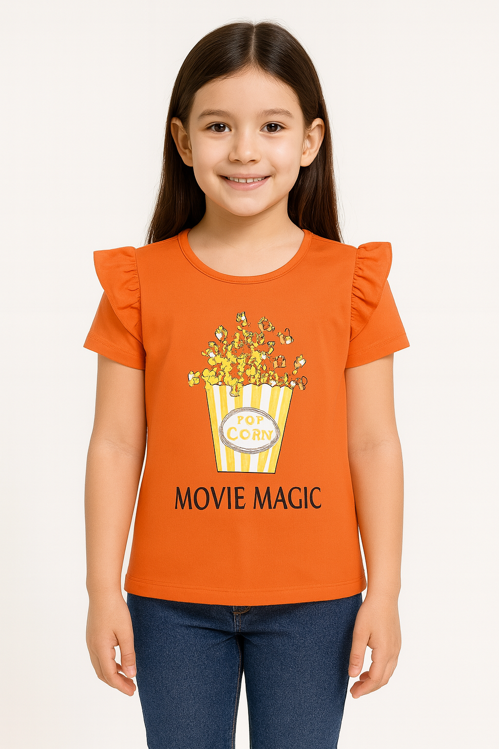 Movie Magic Popcorn Print Orange Ruffle Sleeve T-Shirt – Casual Summer Top for Girls