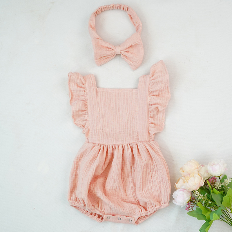 Baby Pink Floral Applique Lace Baba Suit With Head Band INA571