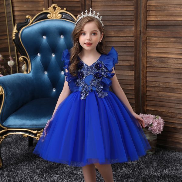 Blue Embroidered girl party dresses for kids noble flower girls dresses ...