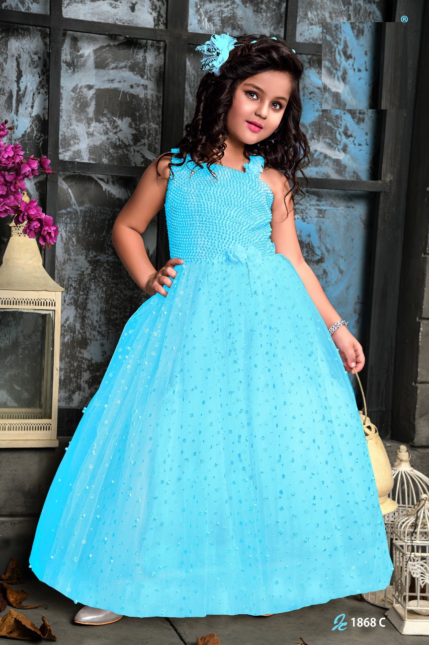 Pure Georgette Blue Colour all over pearl work long dress gown