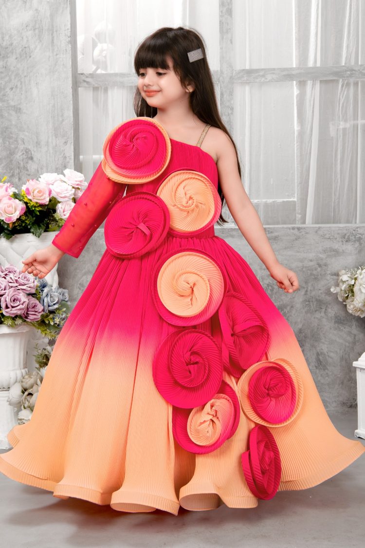 Luxury Rosette Bloom Ombre Gown Elegant One-Shoulder Designer Partywear for Girls