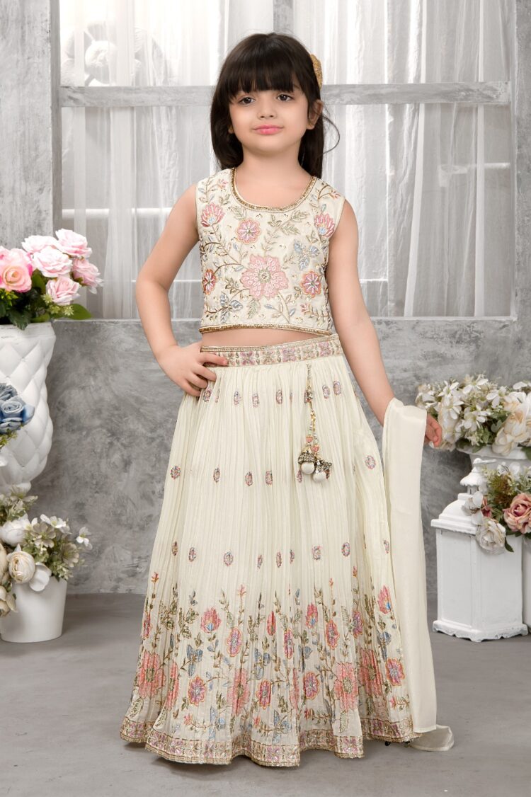 Ivory & Pastel Floral Embroidered Lehenga Choli Set for Girls