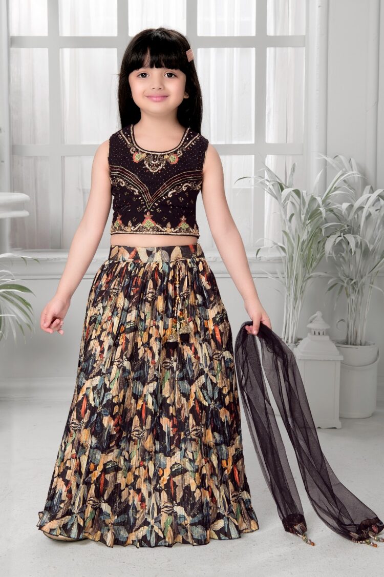 Black & Multicolor Embroidered Lehenga Choli Set for Girls